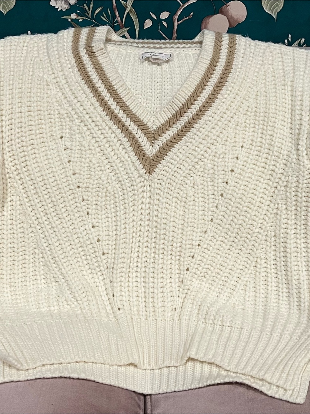 Sage Cream V-Neck Knit Sweater with Tan Stripe Trim